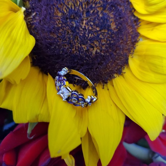 New Silver Princess Cut Ring Purple Trim on Band - Picture 5 of 5